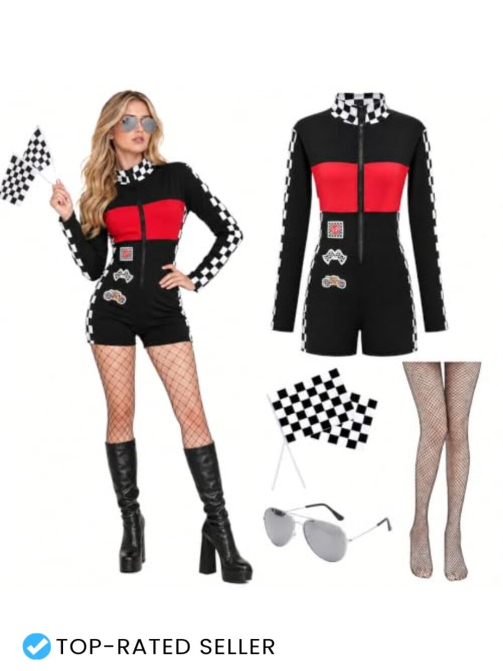 5 Pc Race Car Driver Costume Set Jumpsuit Sunglasses Fishnet
